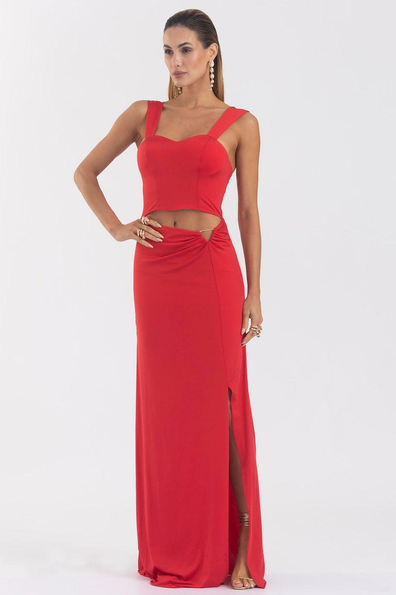 VESTIDO LONGO JUSTO COM FENDA LATERAL – cityblue